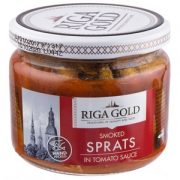 Canned Fish, Sprats In Tomato Sauce "Rizhskoye Zoloto" Glass Jar 250g (SOB)